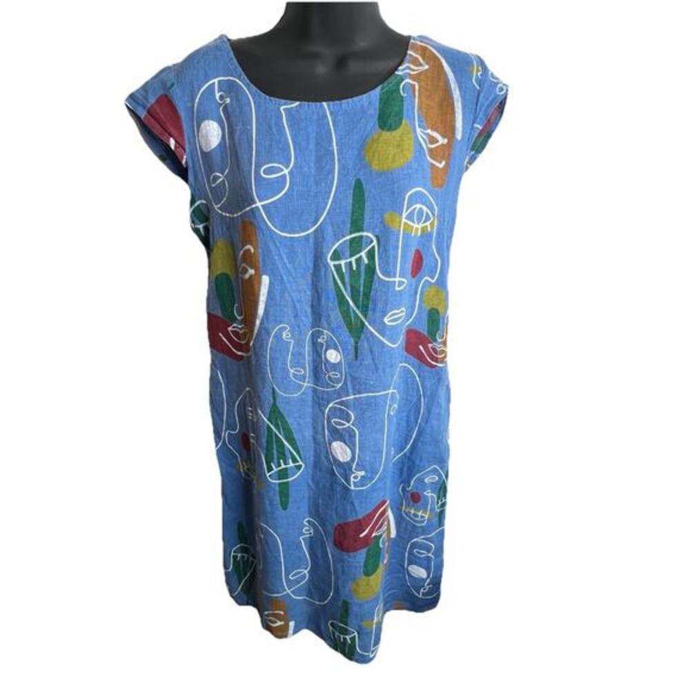 Puro Lino Linen Blue Dress Made In Italy Wearable Art Eye Print Women’s Sz Small